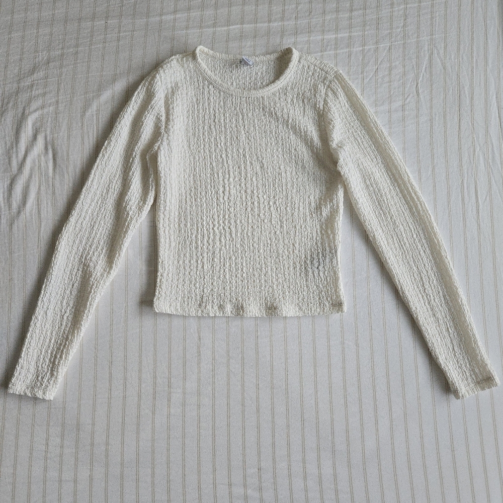 Old Navy XS Fitted Textured Crop Top Off White Cream Full Sleeves Crew Neck